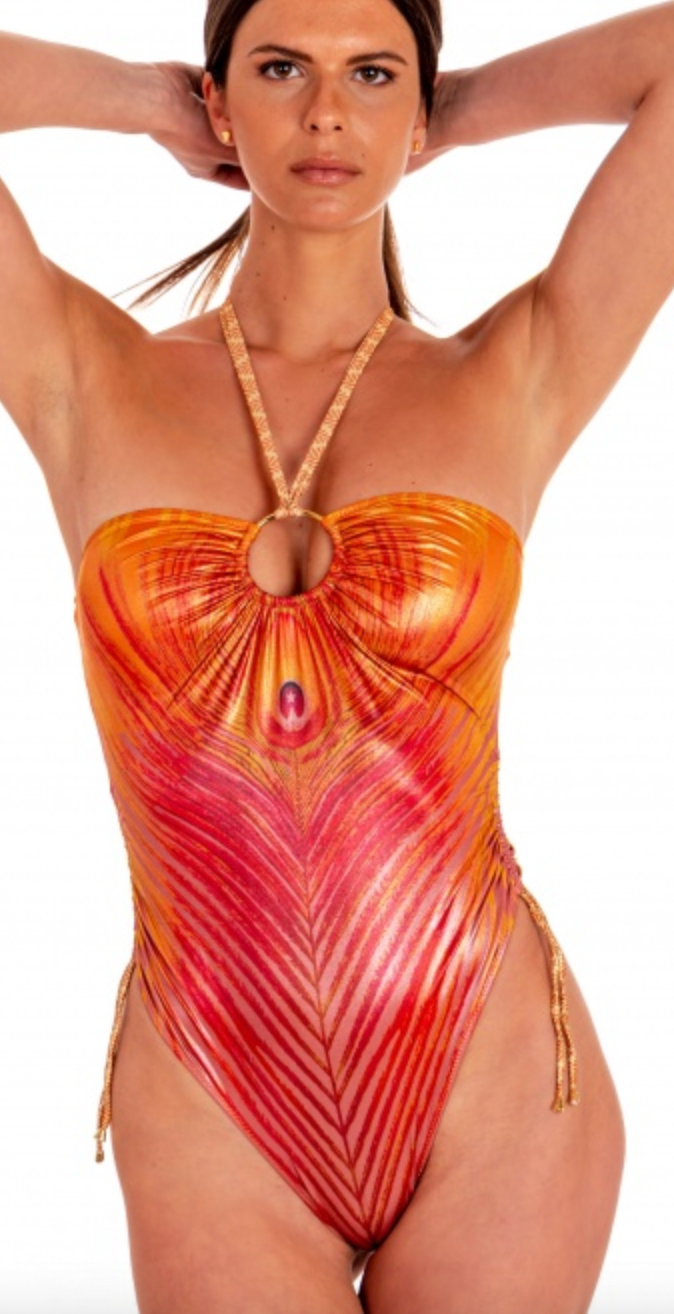 One-piece Swimsuit With Feather Print Ring Gold Base