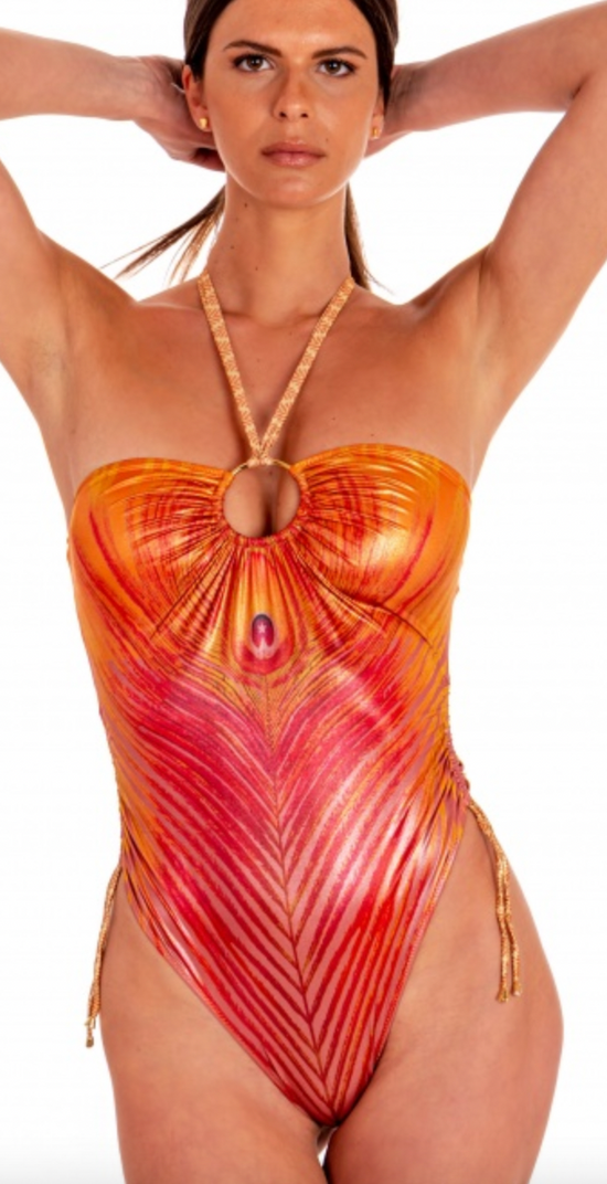 Load image into Gallery viewer, One-piece Swimsuit With Feather Print Ring Gold Base
