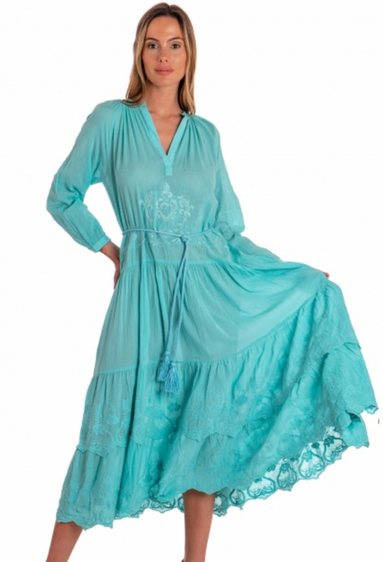 Long Dress With Belt Embroidery Ruffles Solid Colour