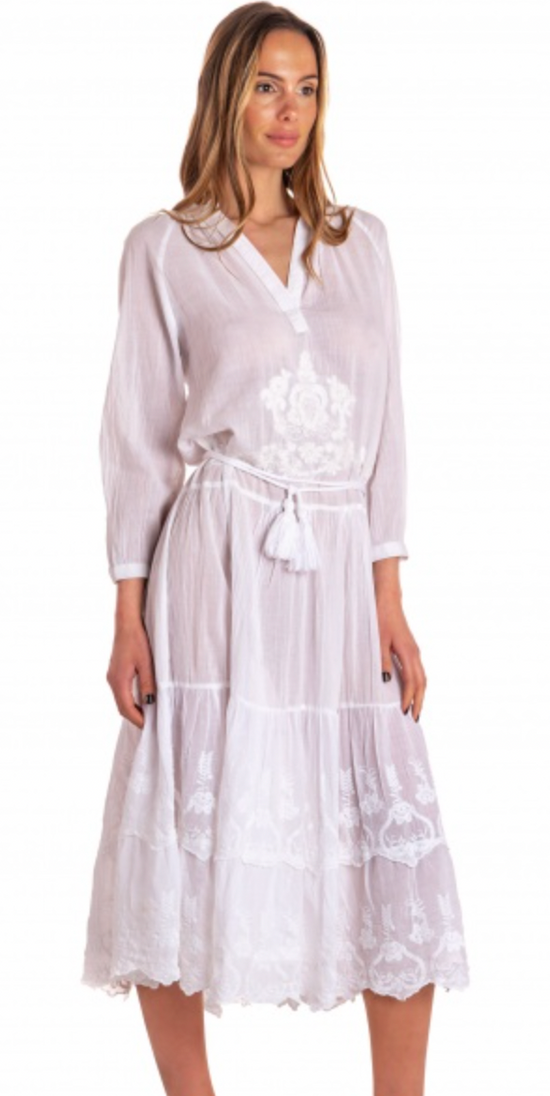 Load image into Gallery viewer, Long Dress With Belt Embroidery Ruffles Solid Colour
